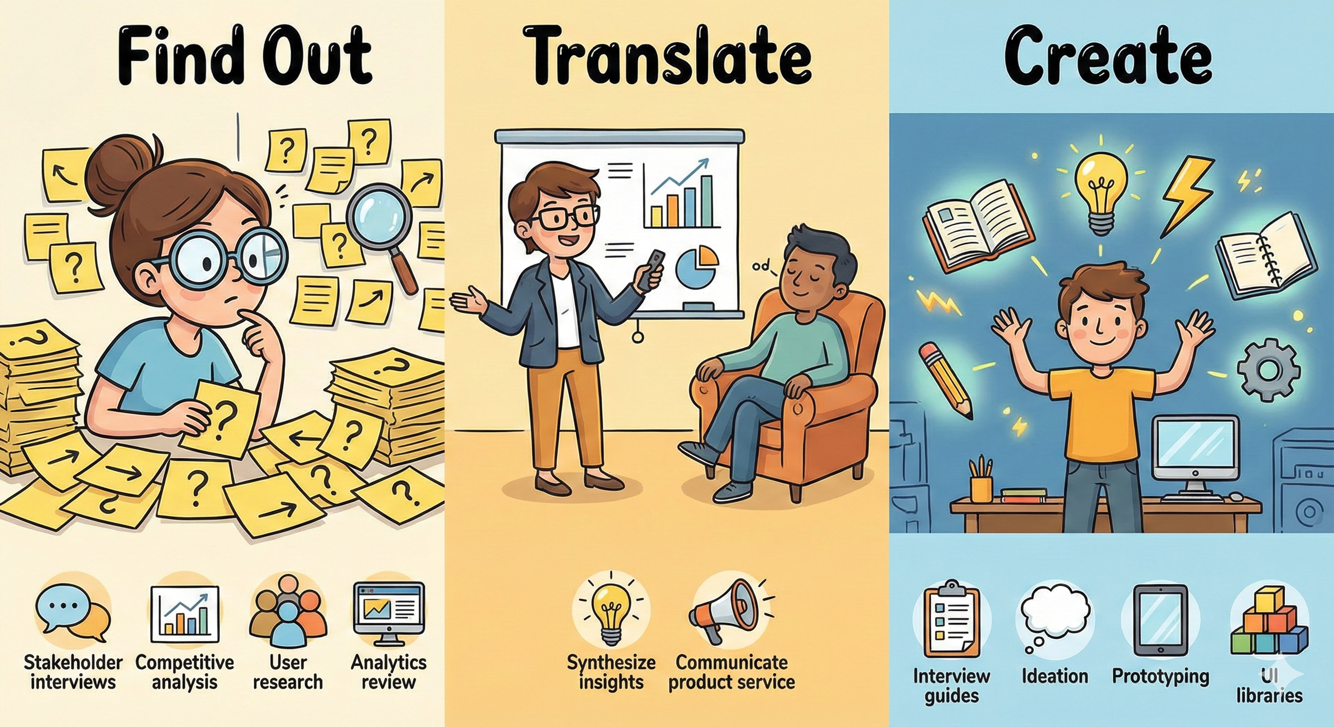 Cartoon drawings split into three parts