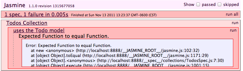 Jasmine failures for the Todos Collection