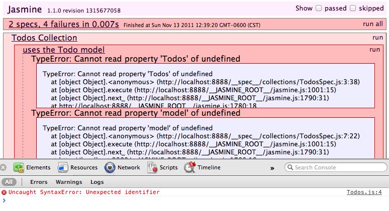 Jasmine failures for the Todos Collection